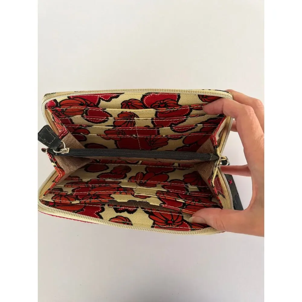 The Sak Sakroots Peace Coated Canvas Zip Around Wallet Floral Boho Embroidered